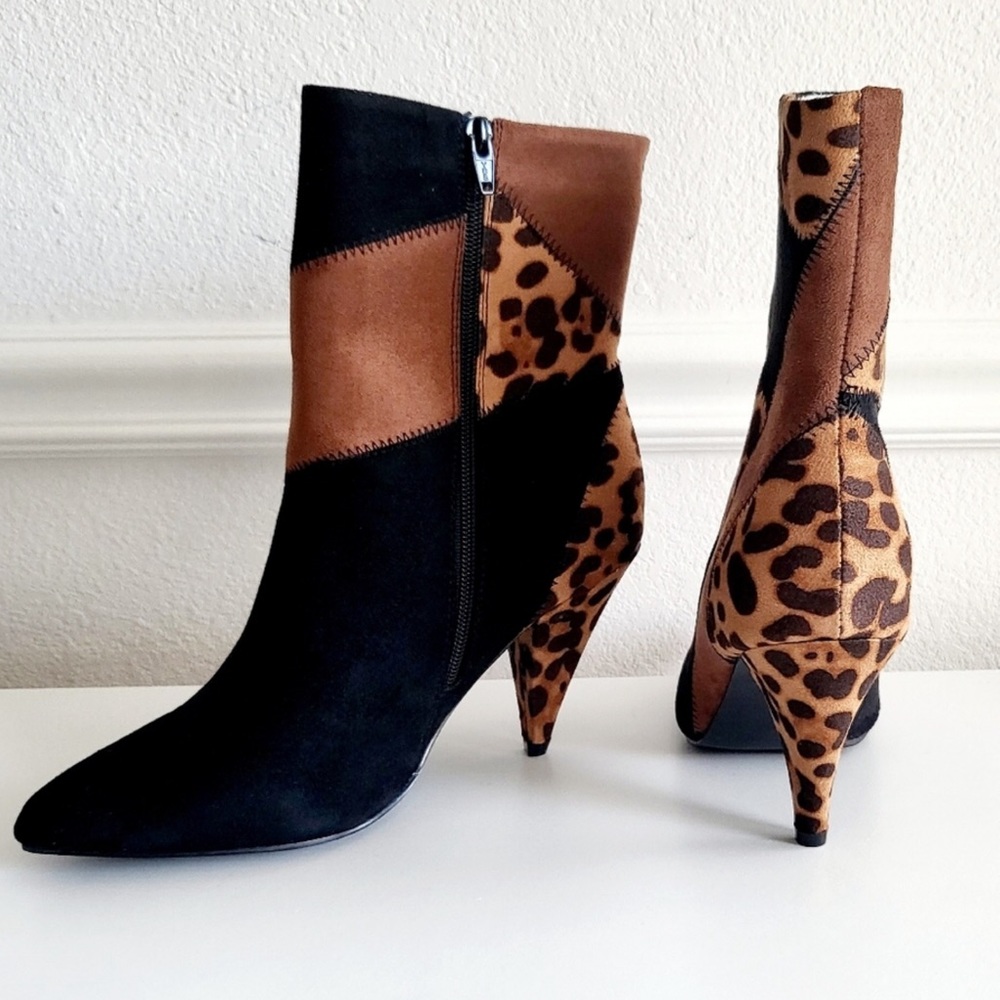 Comfort Black Brown Animal Patchwork Print Ankle Pointed Toe Bootie Boots New - Picture 5 of 10